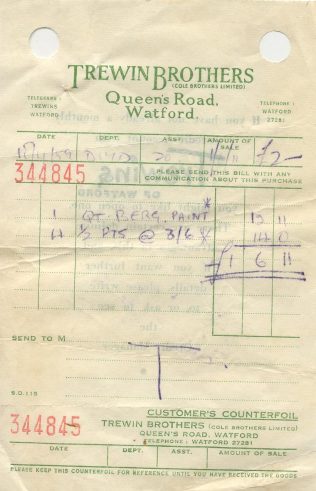 Handwritten Trewins receipt from 1959