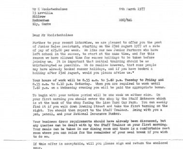 Kevin Woolstenholmes' Offer Letter 1977