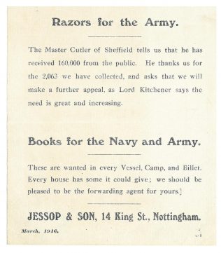 A Jessops notice to customers regarding World War One