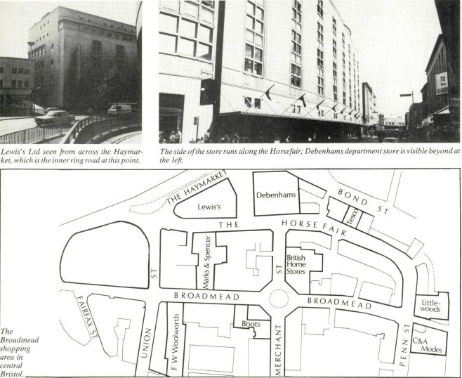 A page from the Gazette, showing two images of the Lewis' store, and below it, a map of the Broadmead