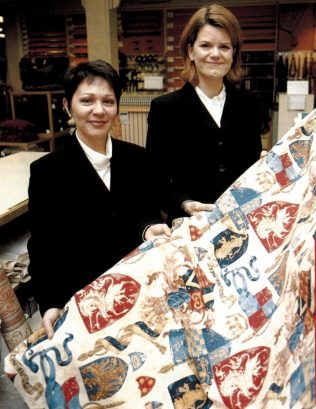 Denise Rawsthorne, Furnishing Advisor and Claire Critchclow, Special Shopping Manager, with the fabric for Windsor Castle