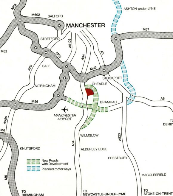 The map shows in red the site of the Sainsbury's/John Lewis building. The green-dotted line shows a new dual carriageway, and the blue-dotted line shows motorway proposals.