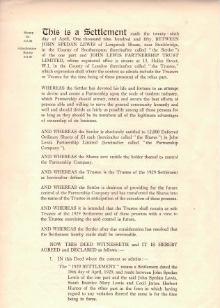 The first page of the First Trust Settlement, 1929 The first page of the First Trust Settlement, 1929