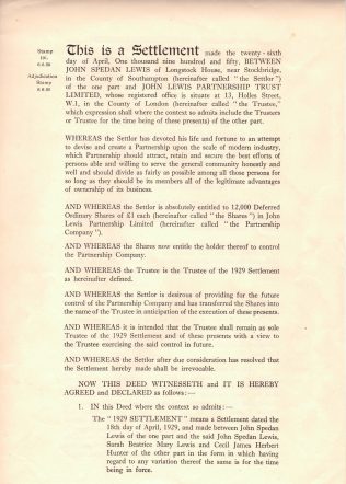 The first page of the First Trust Settlement, 1929