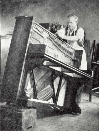 The piano is stripped down ready for treatment | The Gazette of the John Lewis Partnership 4th May 1957