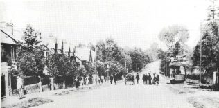 A local Hampshire tram, travelling down the A3 to Waterlooville, with a Knight and Lee advertisement adorning the side