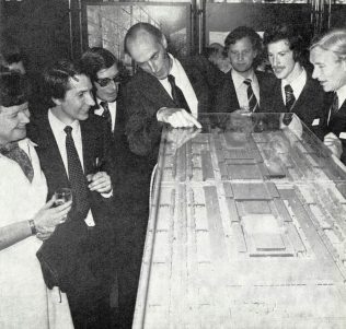 The Partnership Chairman deliberates over a model of the Milton Keynes shopping centre