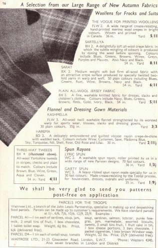 A page from a Peter Jones catalogue advertising the sending of parcels to troops through the Partnership's newly acquired food retail devision, Waitrose, 1939-1945