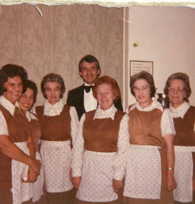 Branch Council Dinner. October 1982. (L to R)   Peggy Maher, Janine Simonds, Irene Goundry, Mr Boggia, May Gray, Mary Cross and Eva Adams. | JLP Archive Collection