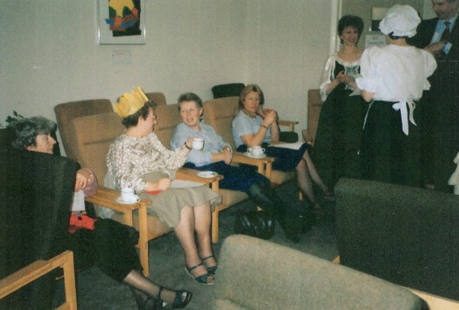 Josie Pennell, Pam Krisson, Anne Woolcott, Teresa Whiteley and Jeanette Pascoe enjoy coffee after lunch. | From a private collection