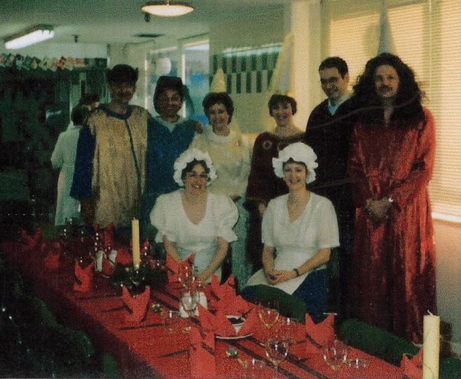 We know who you are! Keith Smith, Alan Oberwarth, Sue Graham, Greta Dignan, Paul Trees, Dave Morris, and seated Carol Collins with Jane Kirton. | From a private collection