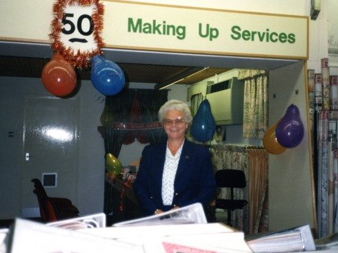 Marjorie Shaw at the Make up Desk on her 50th birthday.