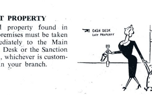 Lost Property cartoon in the Partners' handbook of 1955 belonging to M White from Robert Sayle.