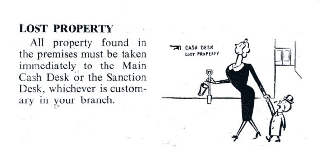 Lost Property cartoon in the Partners' handbook of 1955 belonging to M White from Robert Sayle.