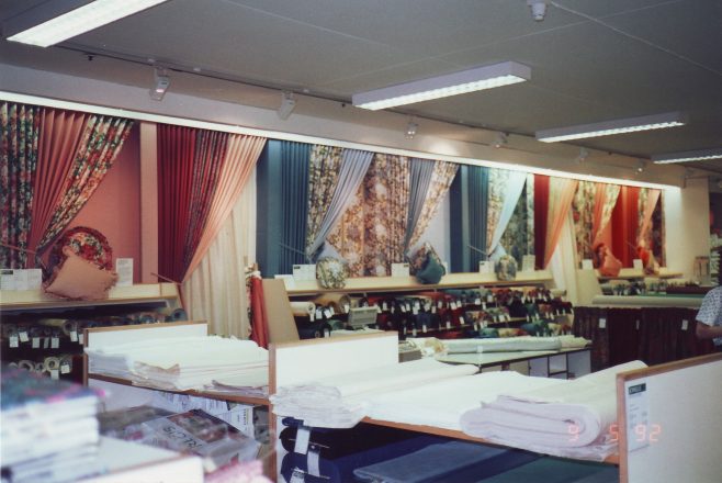 Side wall display in Robert Sayle Furnishing Fabrics Department