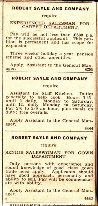 Advertisement for staff at Robert Sayle