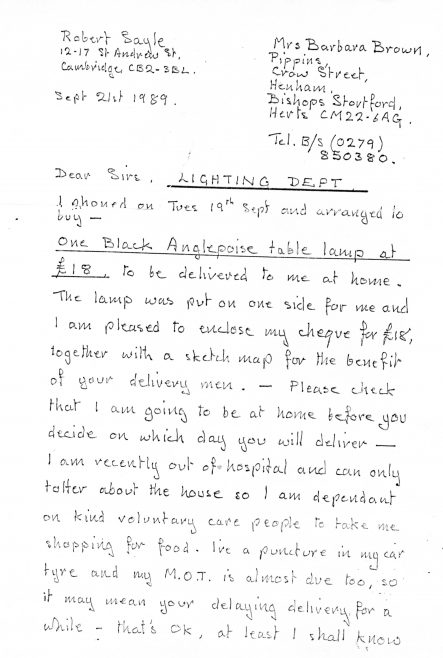 Letter from Robert Sayle Customer regarding delivery of an anglepoise  lamp - Part 1 of 4