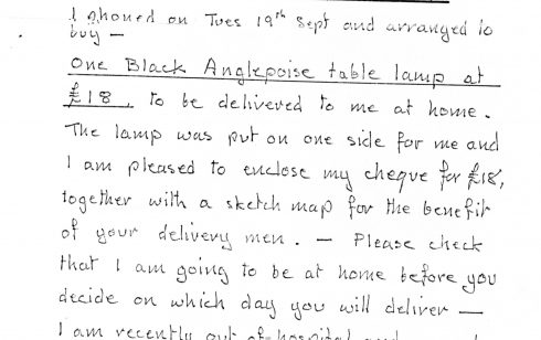 Letter from Robert Sayle Customer regarding delivery of an anglepoise  lamp - Part 1 of 4