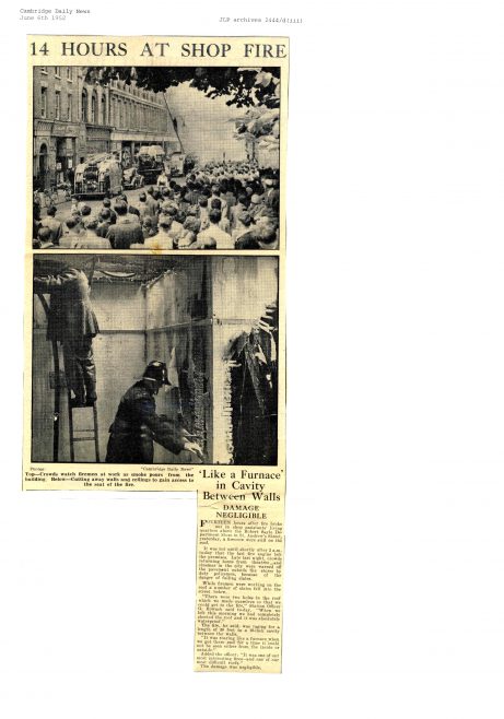 Cambridge Evening News report on the fire at Robert Sayle in 1952, which is thought to have started in the staff rooms  at the top of the building.