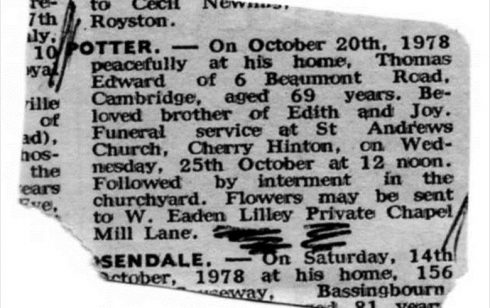 Obituary for Teddy Potter who had been the Funeral Director at Robert Sayle.