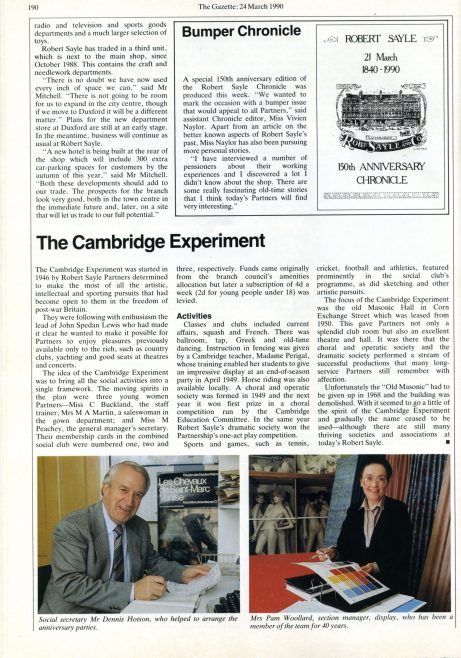 Part of an article in the March 1990 Gazette celebrating the anniversary of Robert Sayle