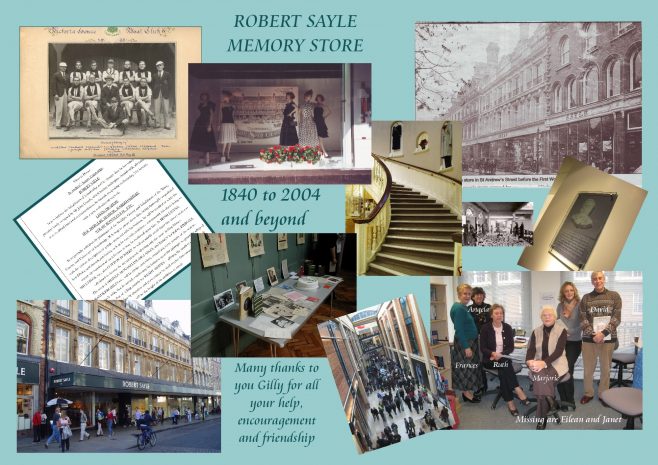 Collage to mark opening of Robert Sayle Memory store project with Gilly Vose our Mentor at the project start.