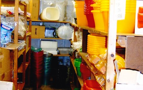 Basement stockroom for kitchenware.