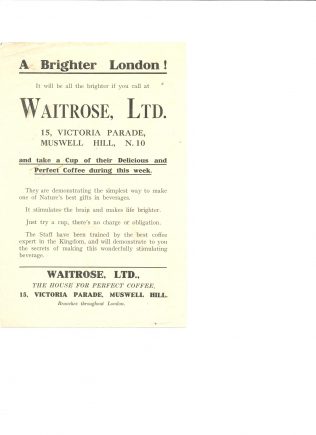 Muswell Hill advertisement for coffee tastings c1930 Muswell Hill advertisement for coffee tastings c1930 | John Lewis Partnership archives