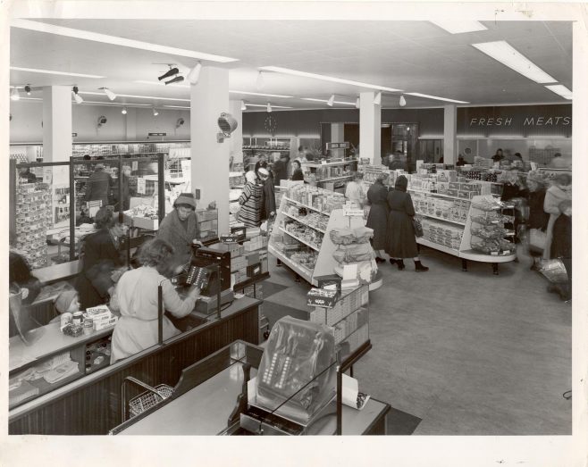 Epsom interior and checkouts 1955 | John Lewis Partnership archives